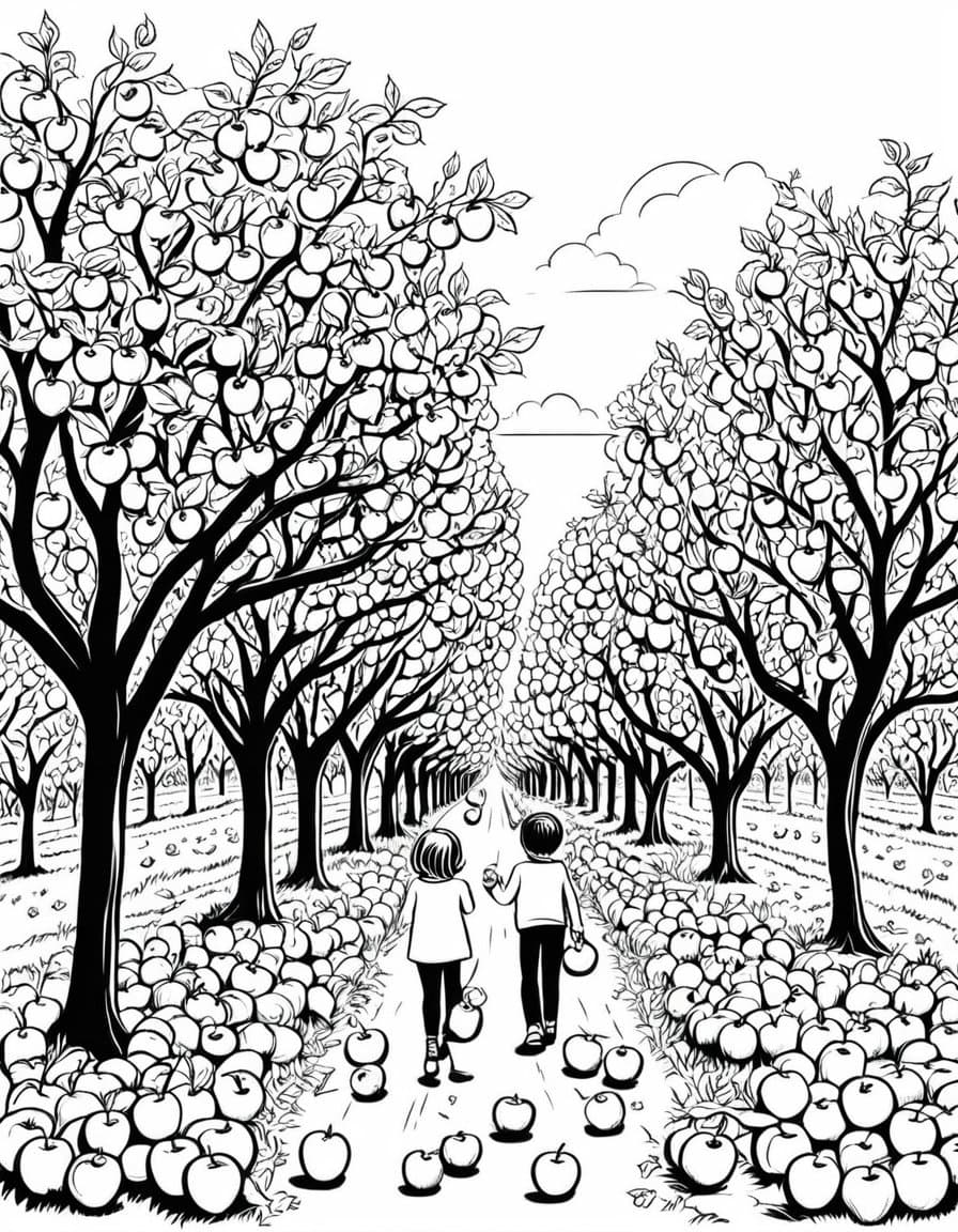Apple Orchard Adventure — free printable coloring page to download and print