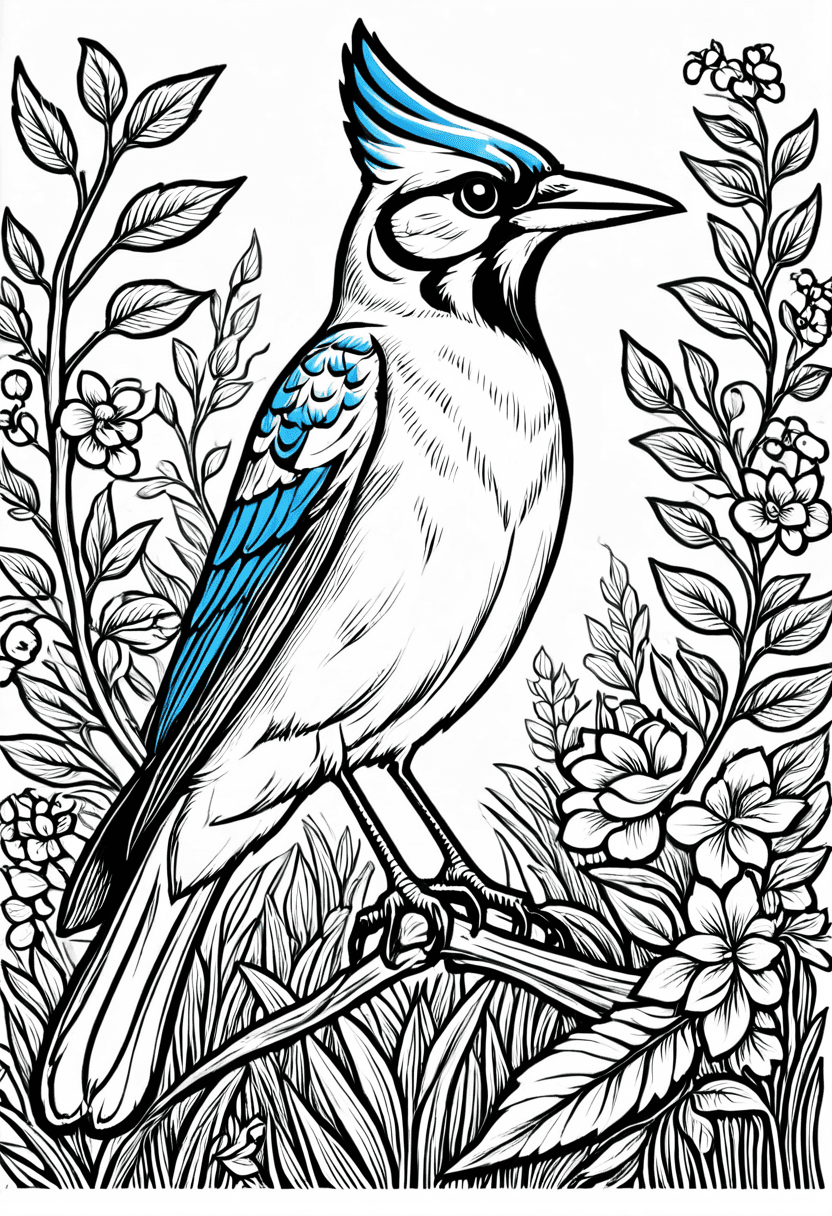 Blue Bird in Springtime — free printable coloring page to download and print