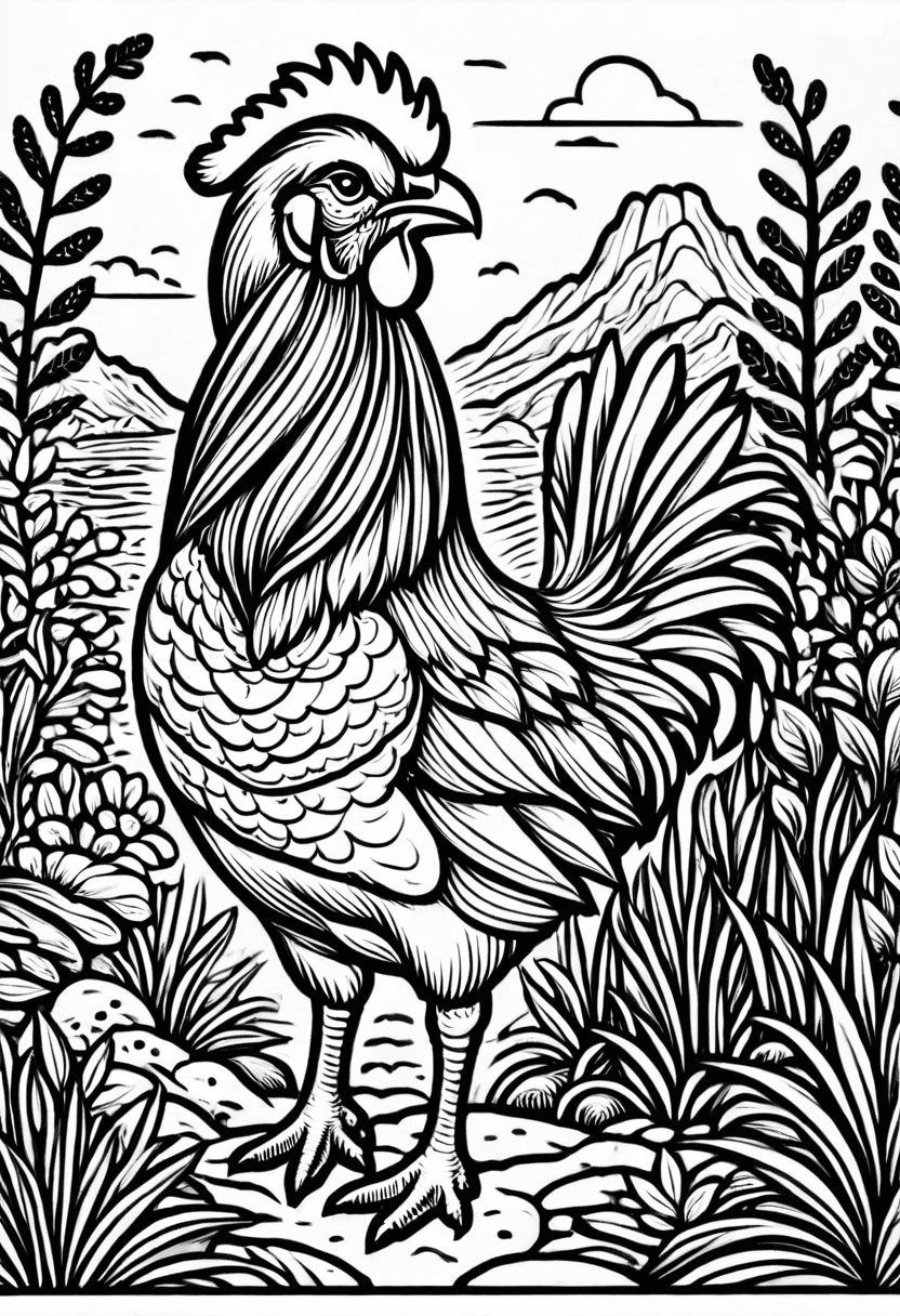 Chicken in the Desert — free printable coloring page to download and print