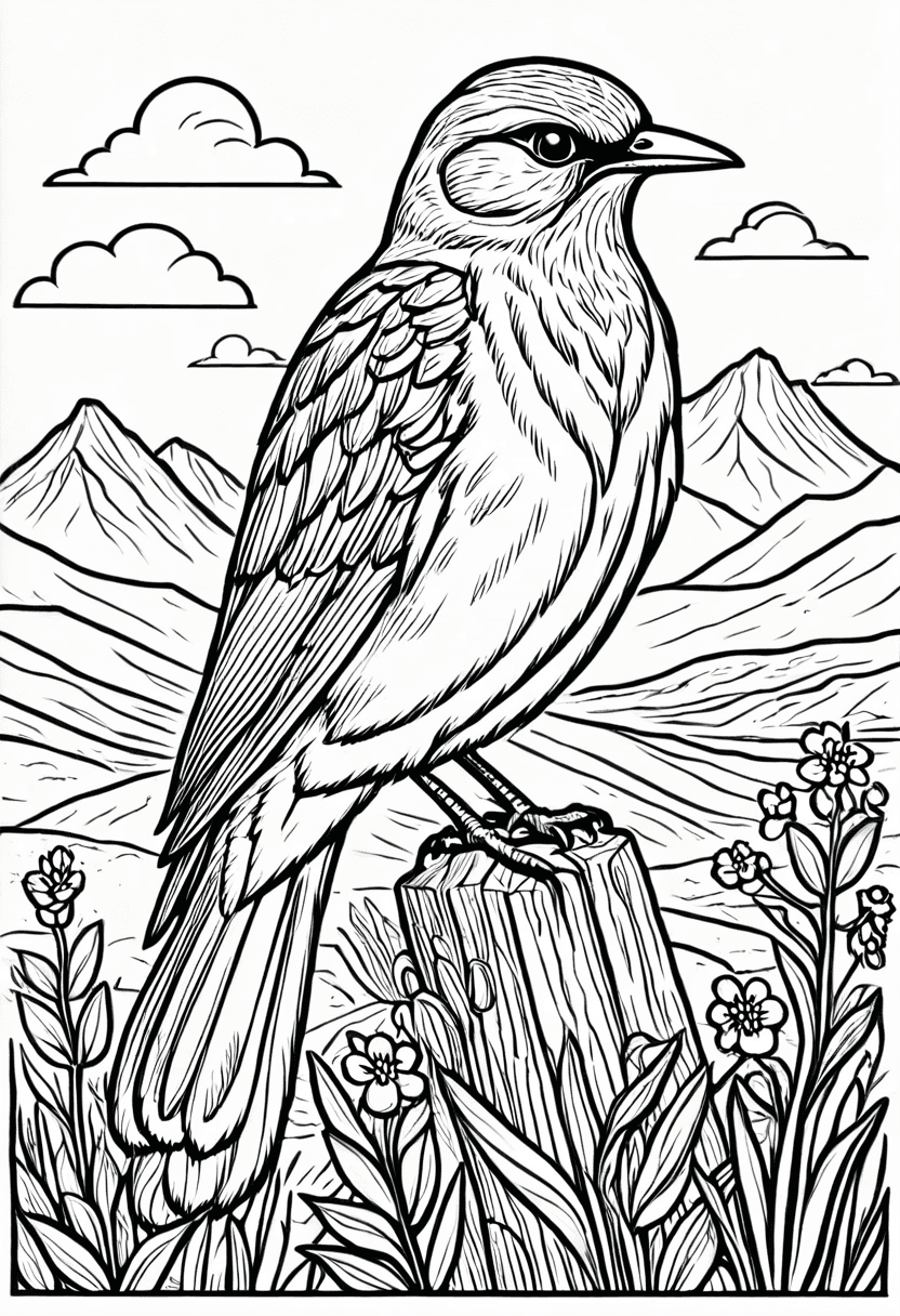 Colorful Mountain Bird Perched on Wood Post — free printable coloring page to download and print