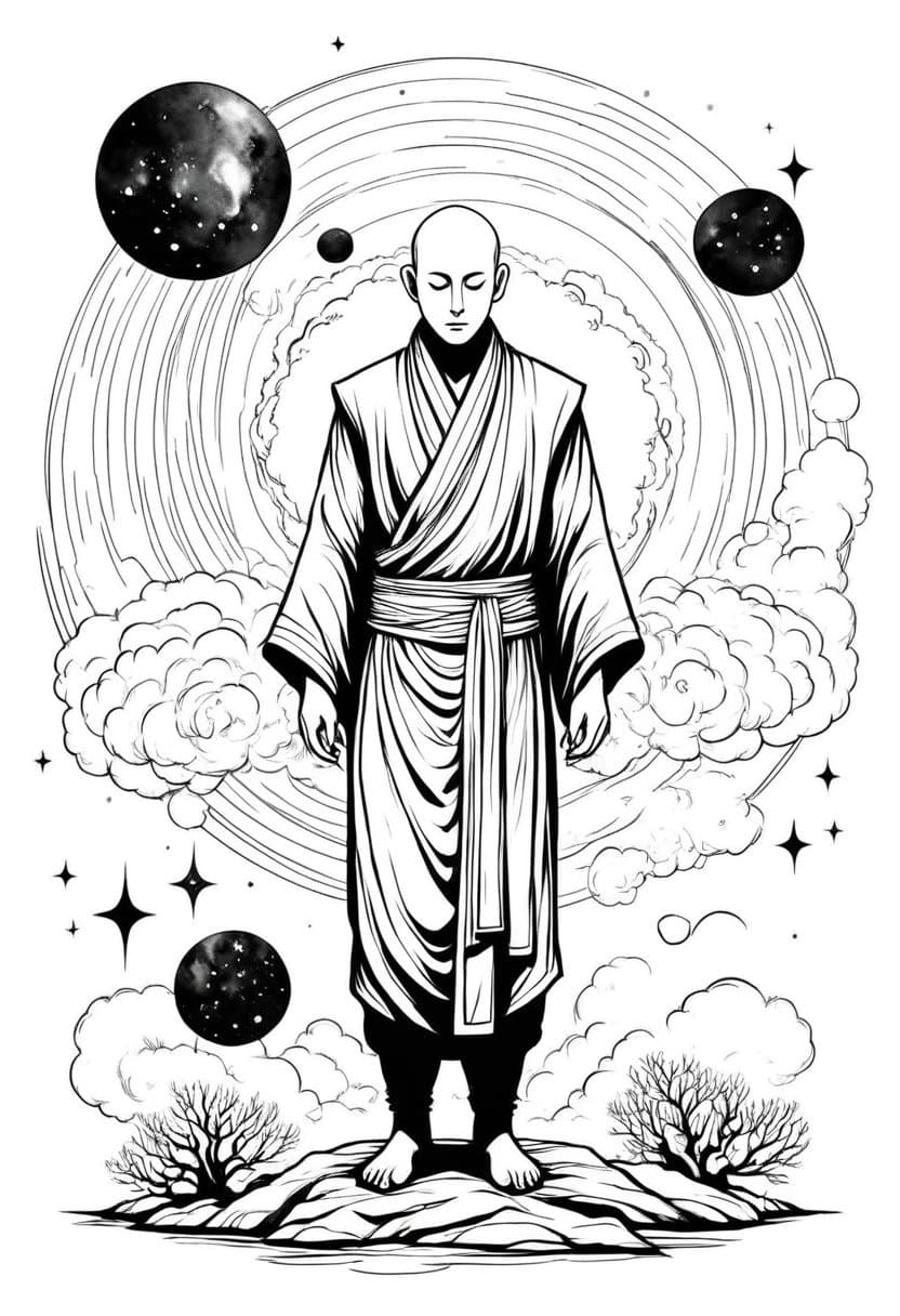 Cosmic Monk Meditation — free printable coloring page to download and print