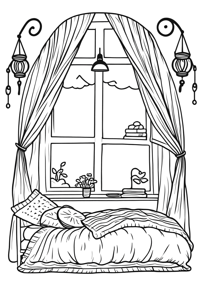 Cozy Reading Nook — free printable coloring page to download and print