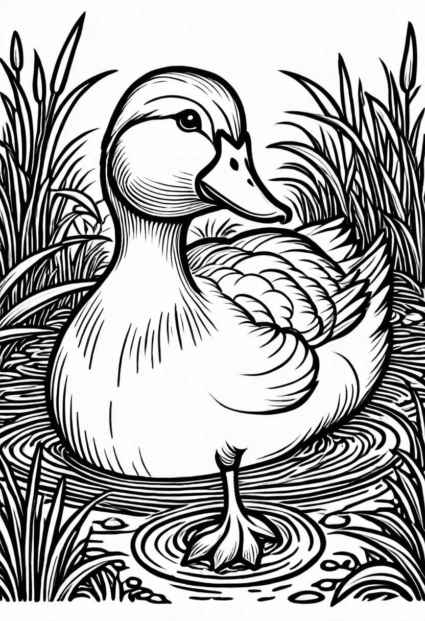 Drawn Duck in Nature — free printable coloring page to download and print