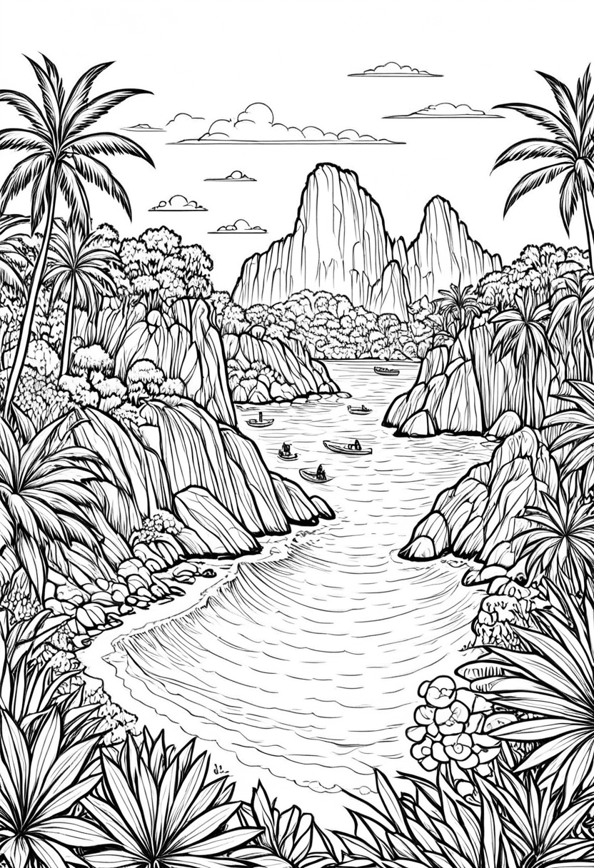 Exotic River Scene — free printable coloring page to download and print