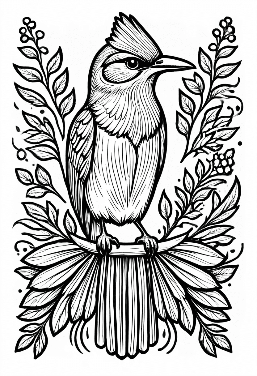 Hummingbird with Plants and Flowers — free printable coloring page to download and print