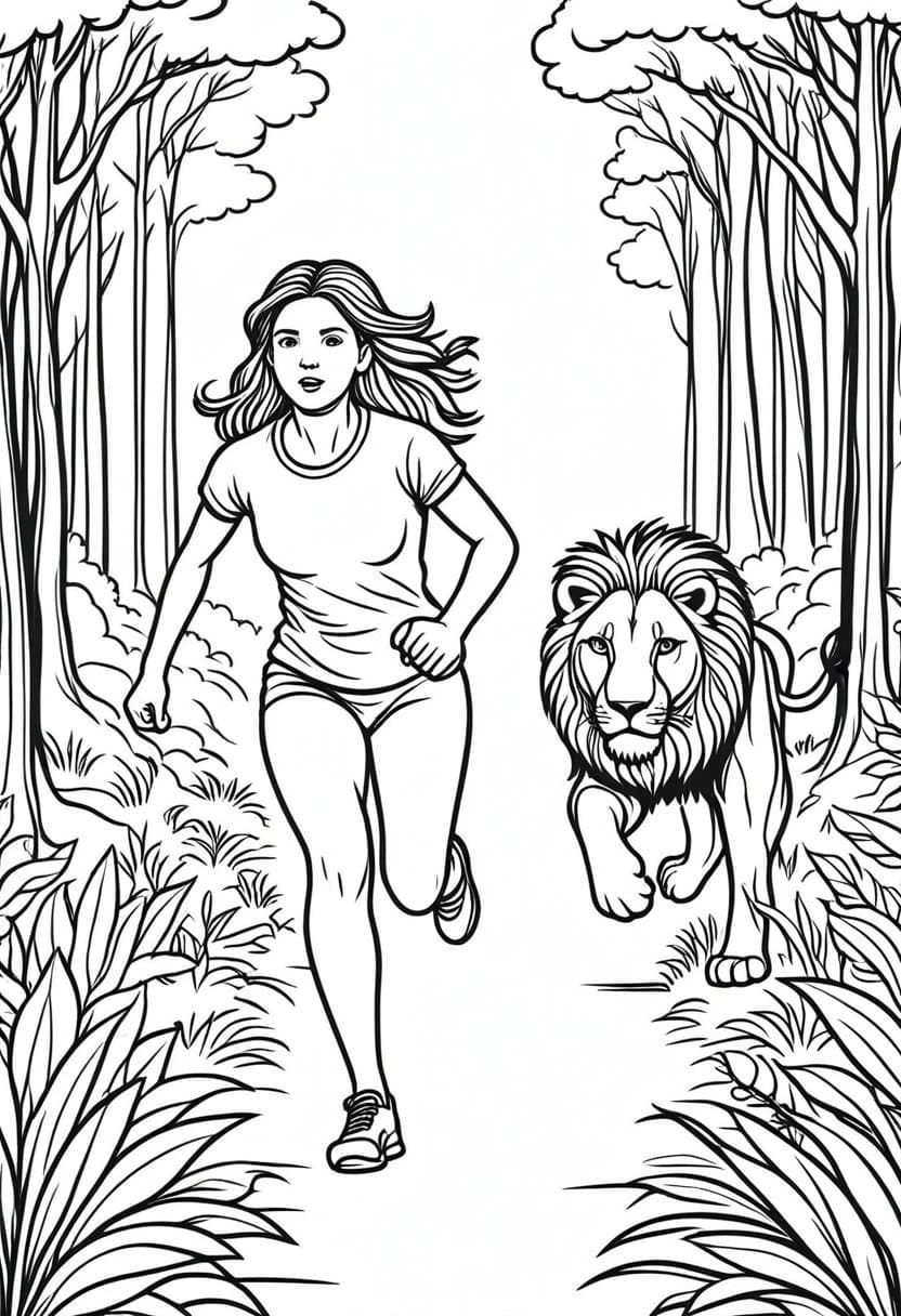 Lion Chase Adventure — free printable coloring page to download and print