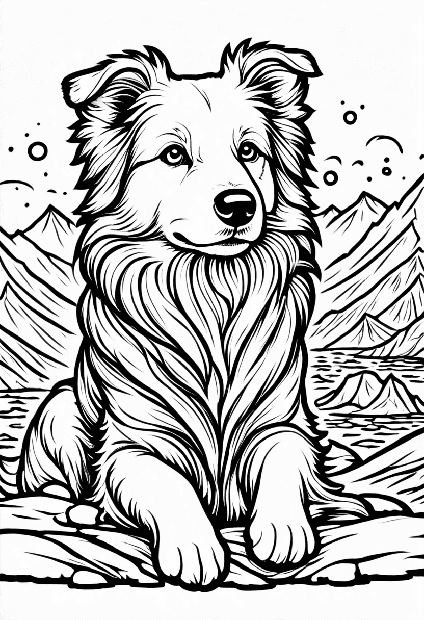 Majestic Collie in Mountainous Landscape — free printable coloring page to download and print