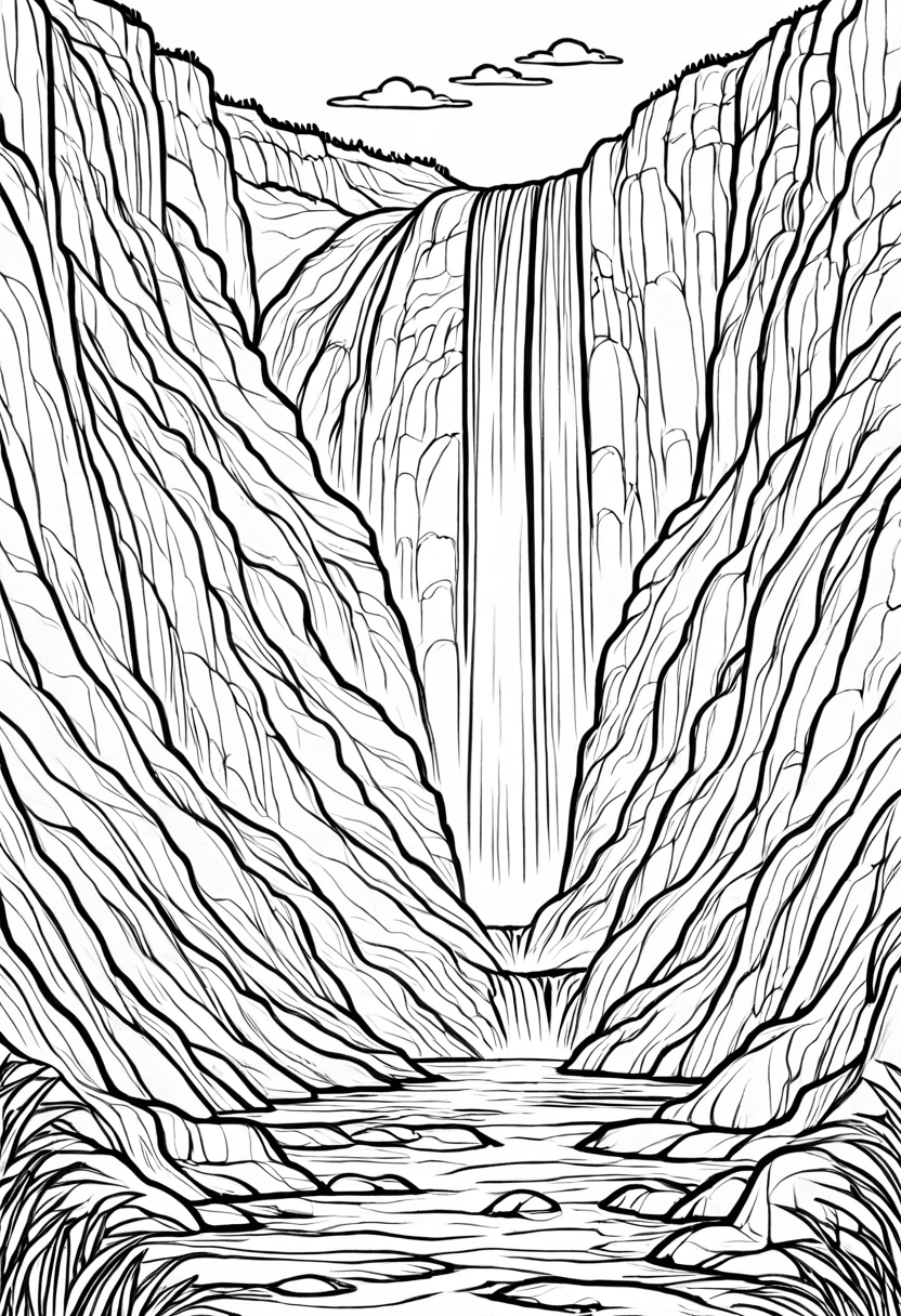 Majestic Waterfall — free printable coloring page to download and print