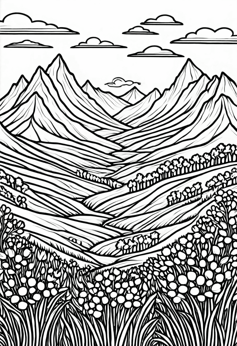 Mountainscape Meadow — free printable coloring page to download and print