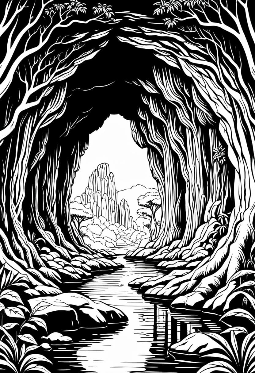 Mythical Grotto Scene — free printable coloring page to download and print