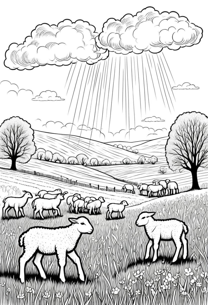 Pastoral Playtime — free printable coloring page to download and print