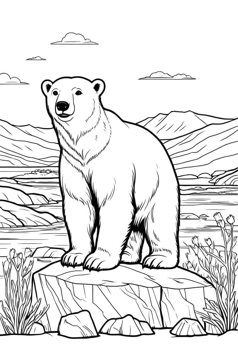 Polar Bear in Mountains — free printable coloring page to download and print