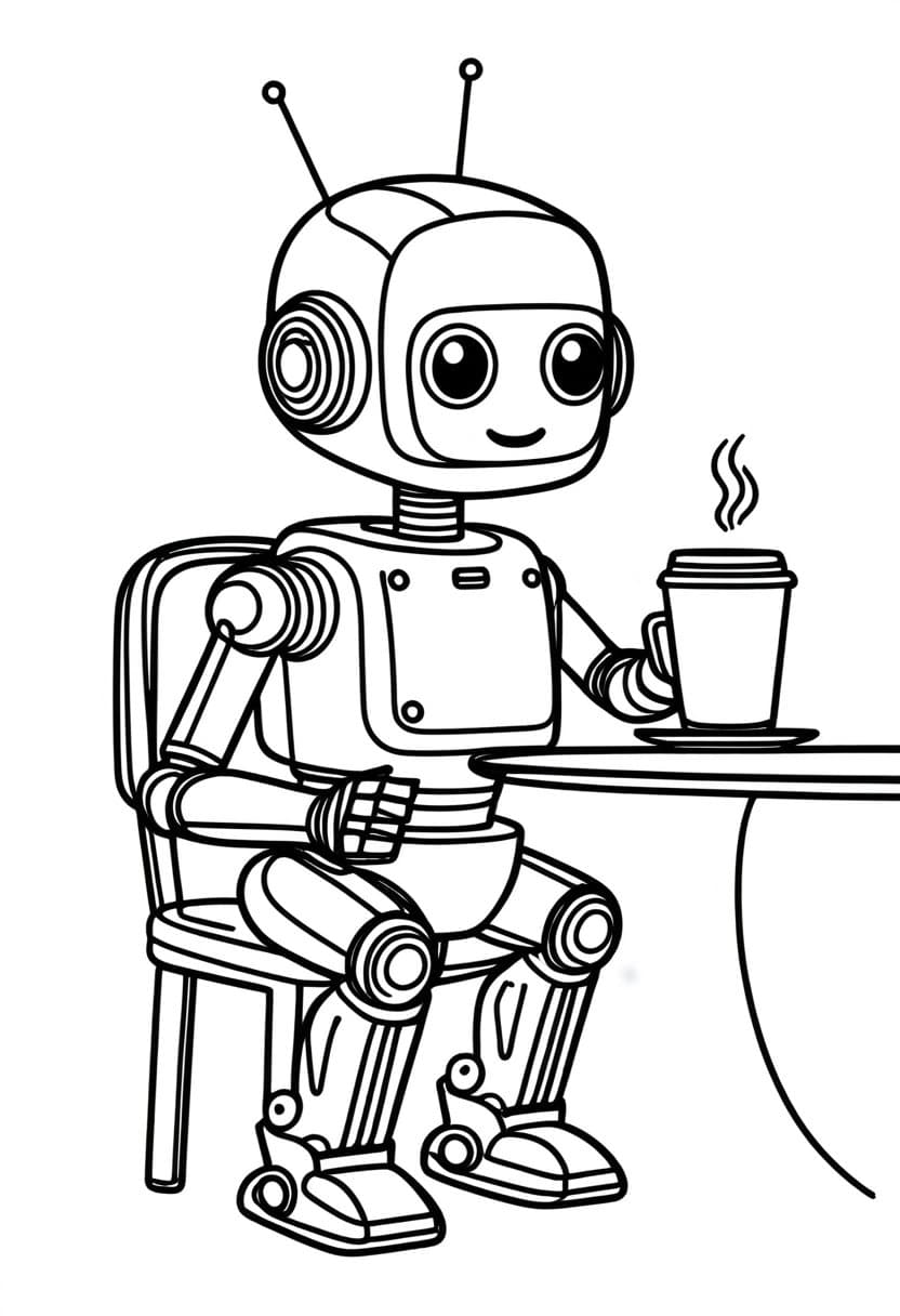 Robot Enjoying Coffee — free printable coloring page to download and print