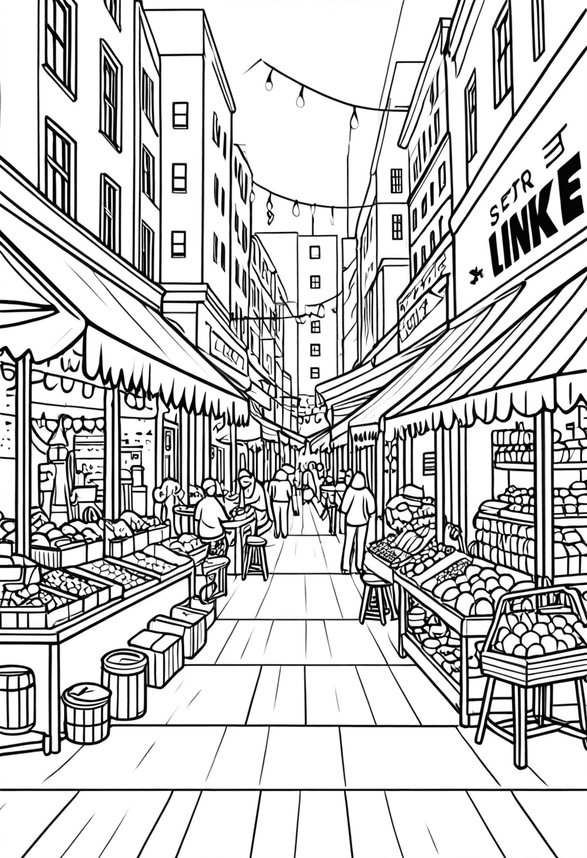 Vibrant Market Scene — free printable coloring page to download and print