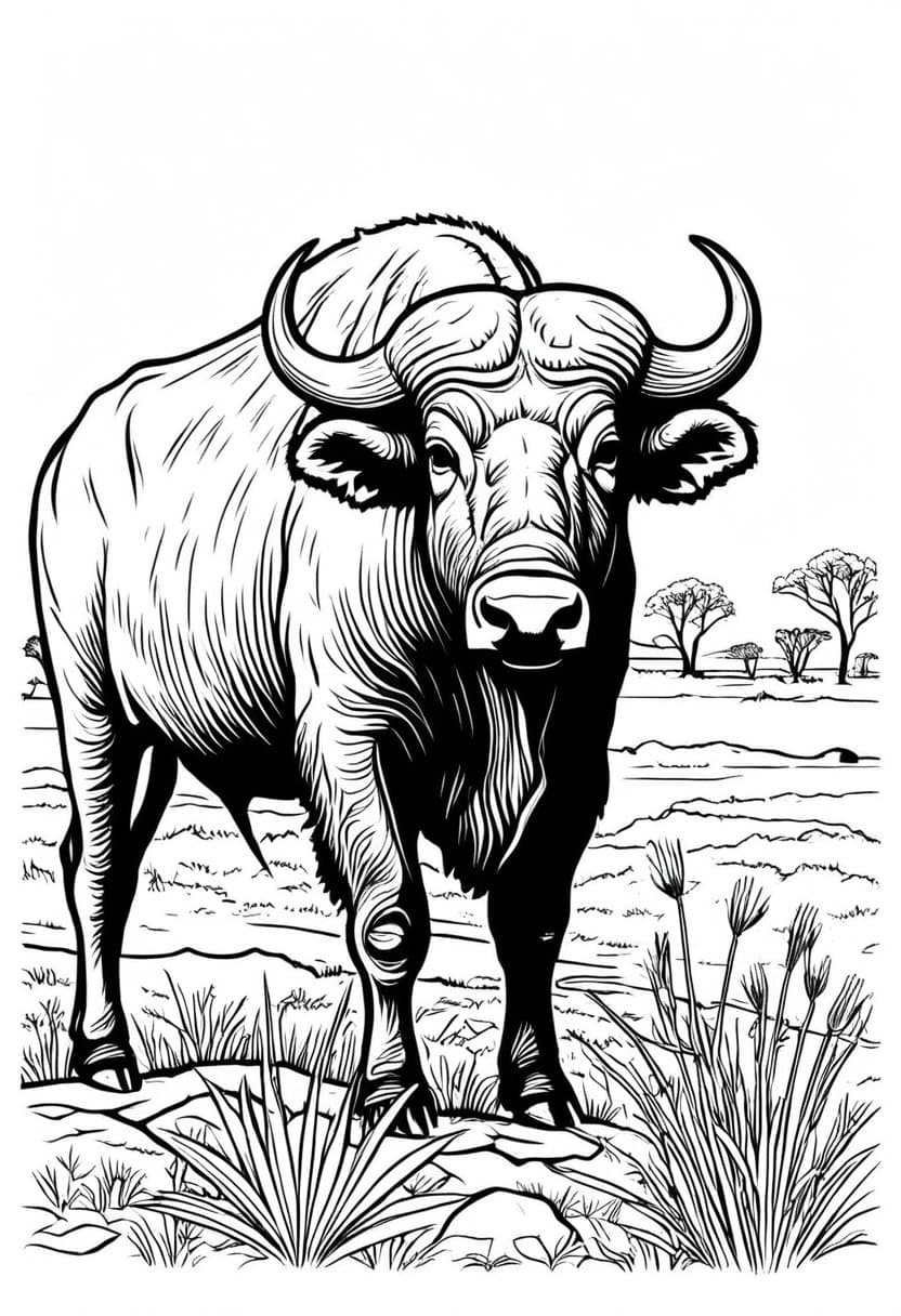 African Buffalo in Wild — free printable coloring page to download and print