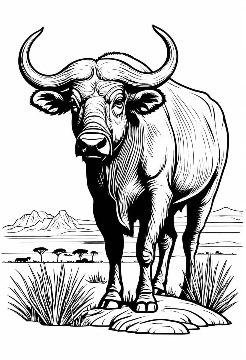 African Buffalo in the Wild — free printable coloring page to download and print
