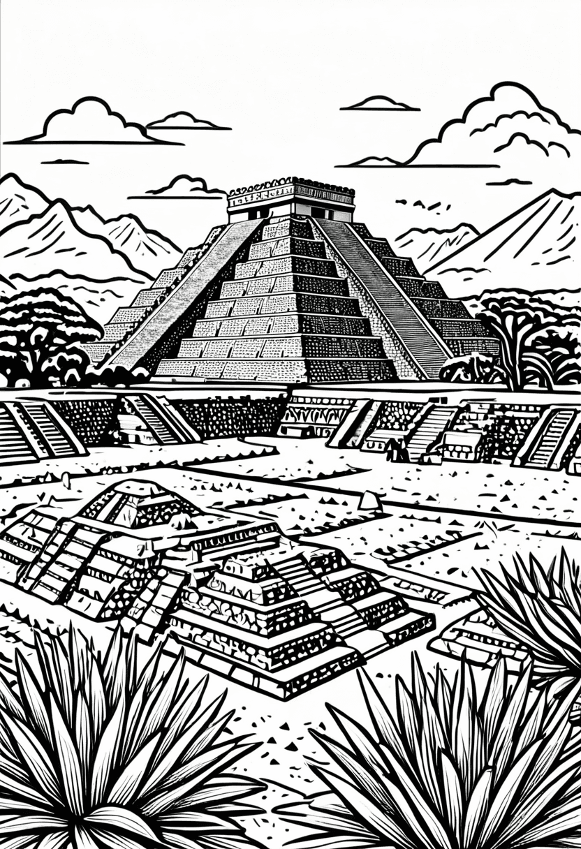 Ancient Mayan Temple — free printable coloring page to download and print