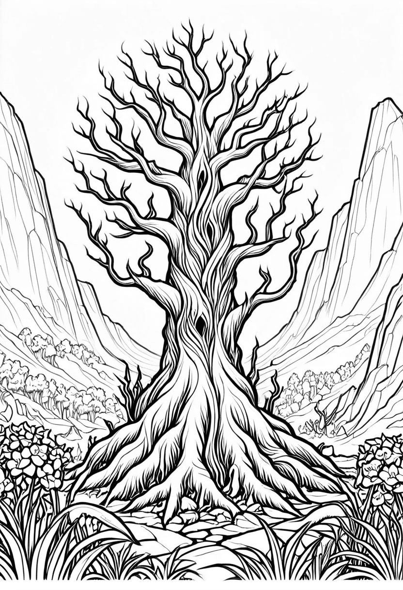 Ancient Tree in Desert — free printable coloring page to download and print