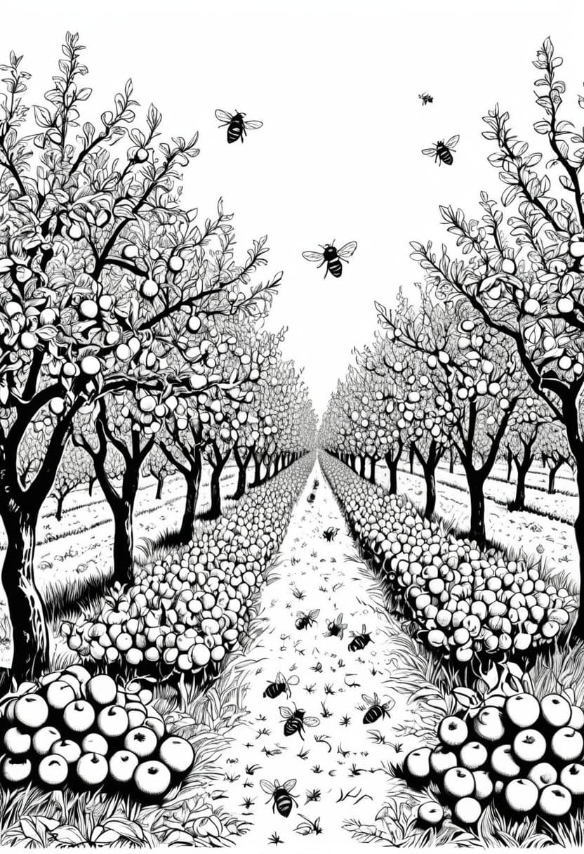 Apple Orchard Harvest — free printable coloring page to download and print