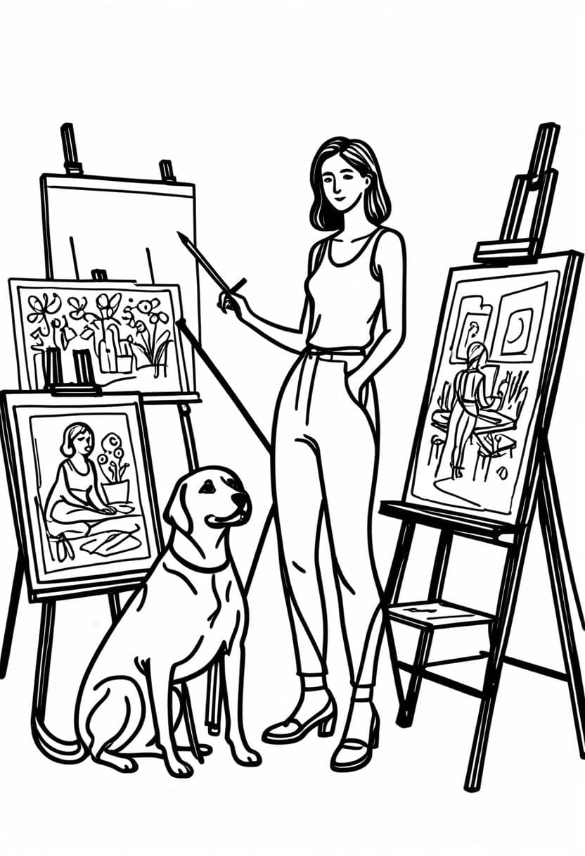 Artist and her Dog — free printable coloring page to download and print