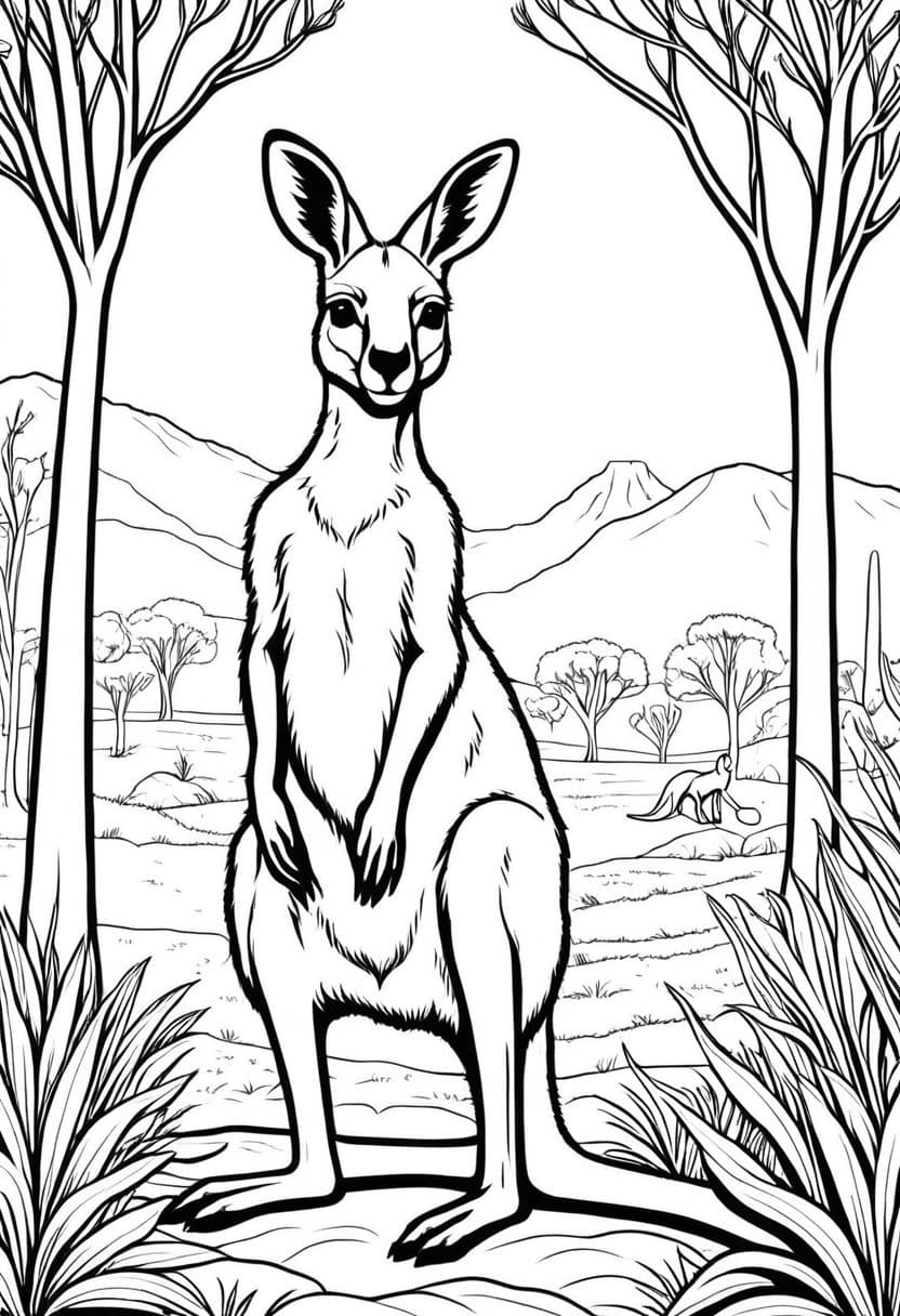 Australian Kangaroo in Nature — free printable coloring page to download and print