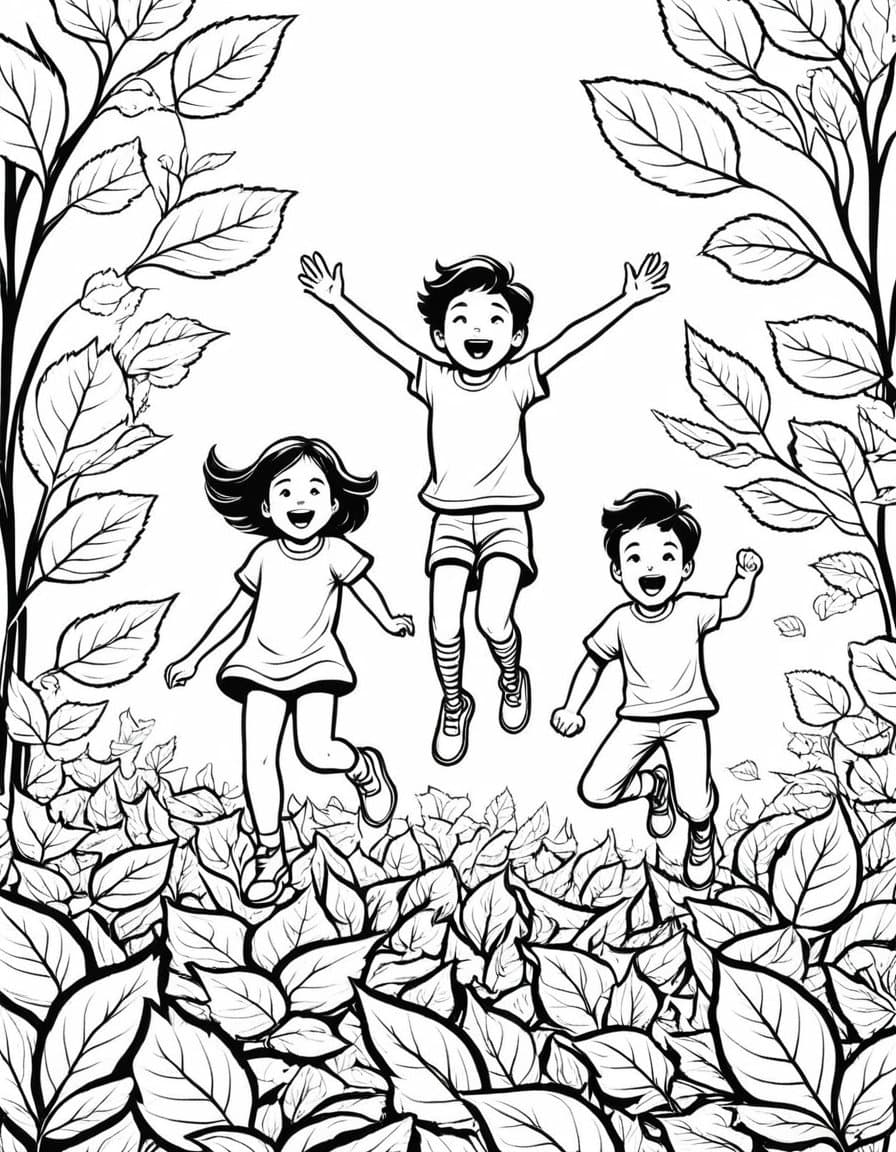 Autumn Adventure Kids — free printable coloring page to download and print