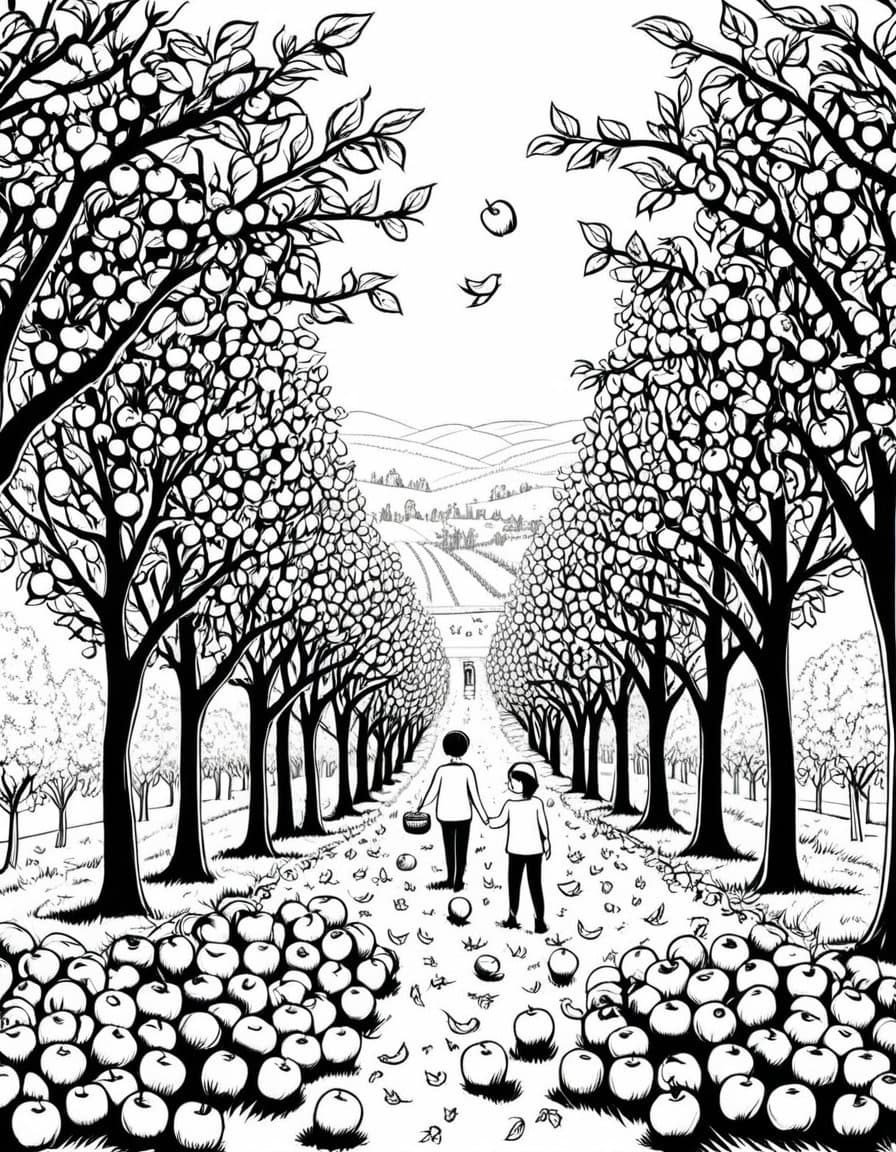 Autumn Apple Adventure — free printable coloring page to download and print