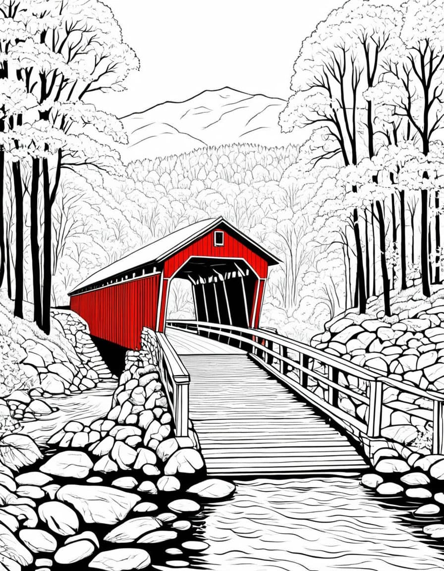Autumn Bridge — free printable coloring page to download and print