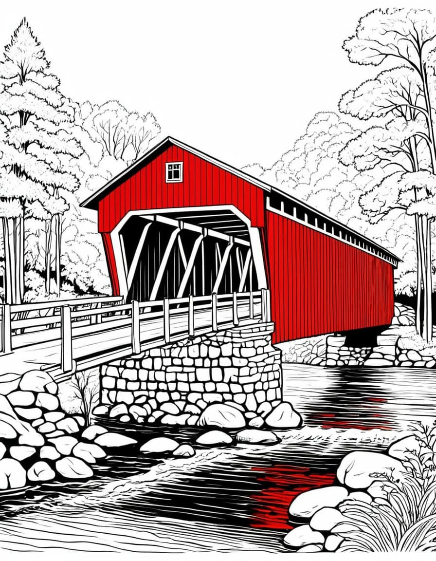 Autumn Bridge Crossing — free printable coloring page to download and print