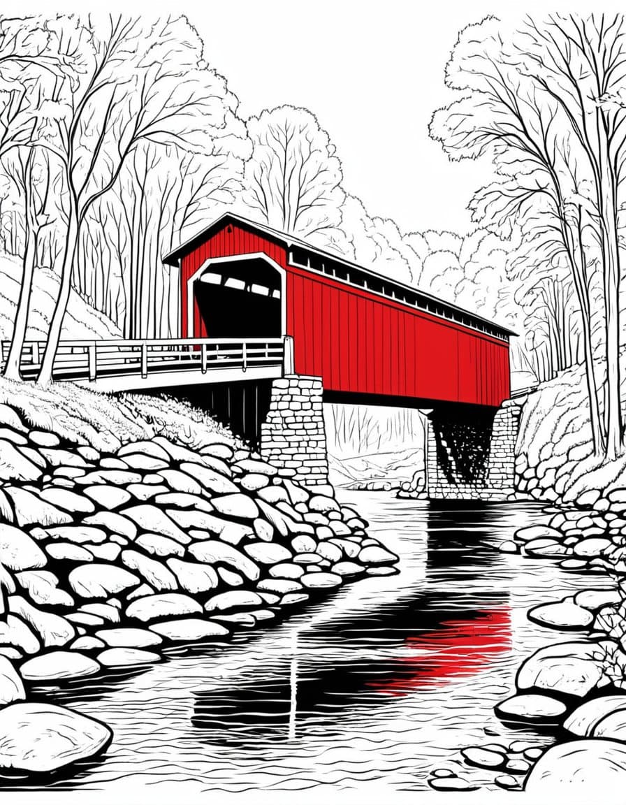 Autumn Bridge — free printable coloring page to download and print