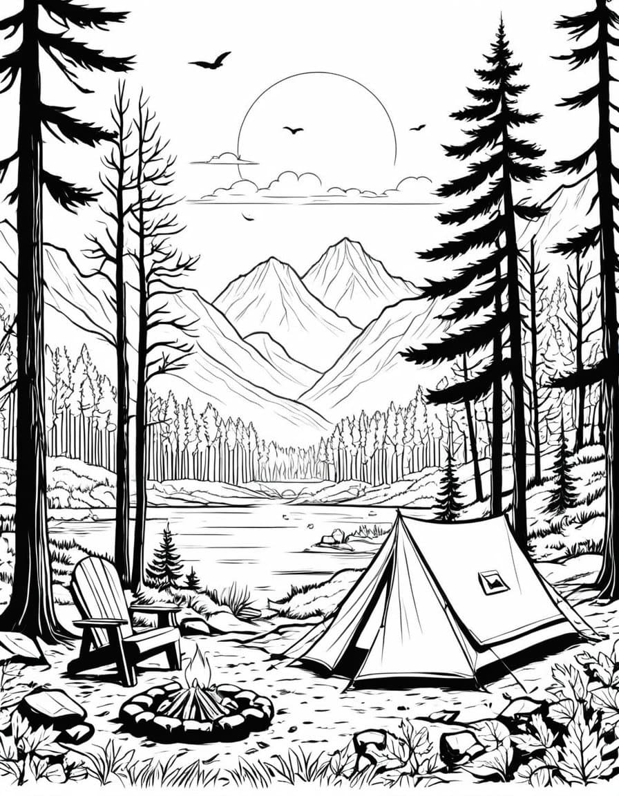 Autumn Campfire Getaway — free printable coloring page to download and print