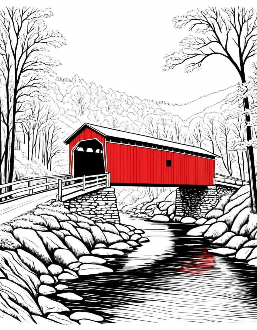 Autumn Covered Bridge Escape — free printable coloring page to download and print