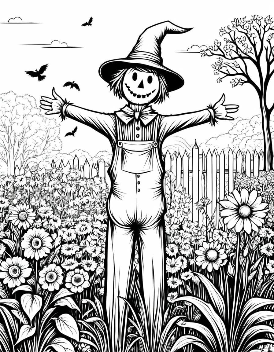 Autumn Scarecrow Embrace — free printable coloring page to download and print