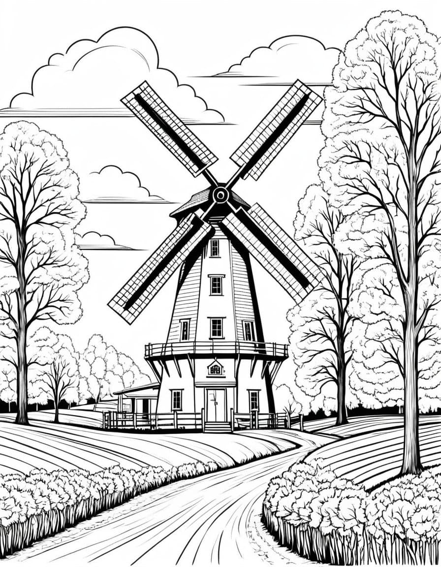 Autumn Windmill Adventure — free printable coloring page to download and print