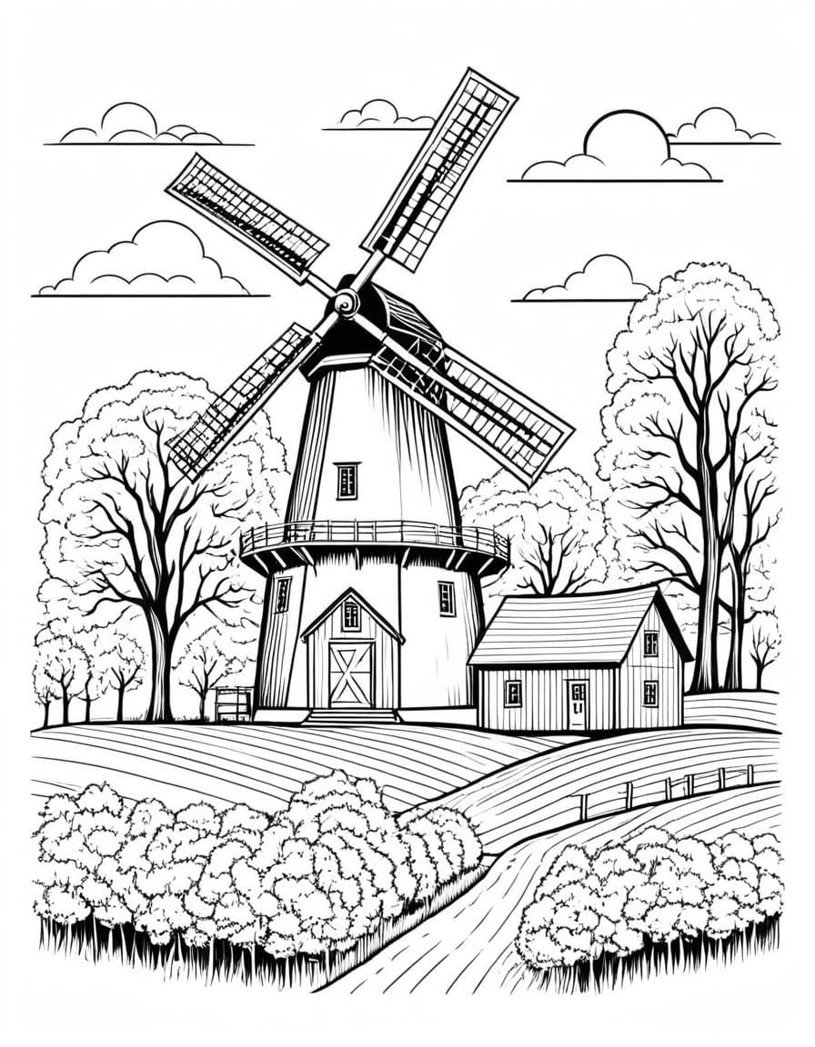 Autumn Windmill Farm — free printable coloring page to download and print