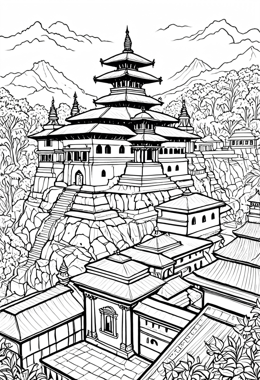 Buddhist Temple Village — free printable coloring page to download and print