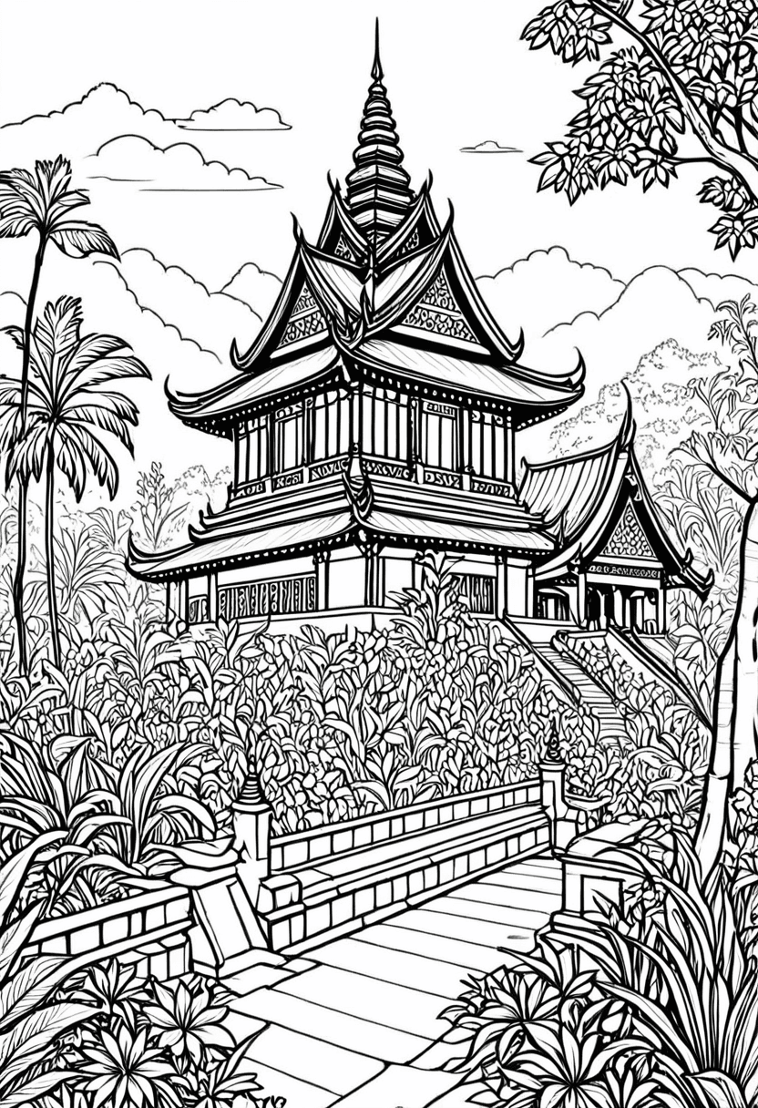 Buddhist Temple in Laos — free printable coloring page to download and print