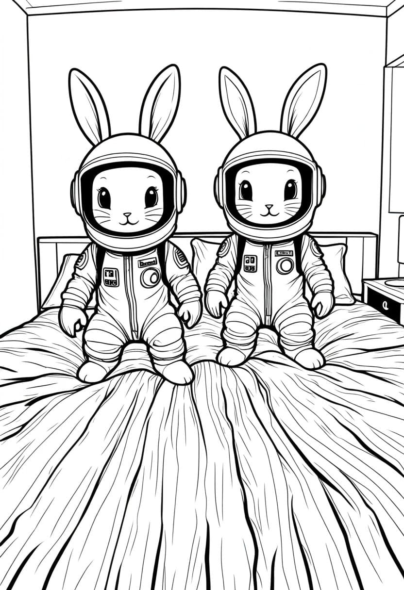 Bunnies in Space — free printable coloring page to download and print