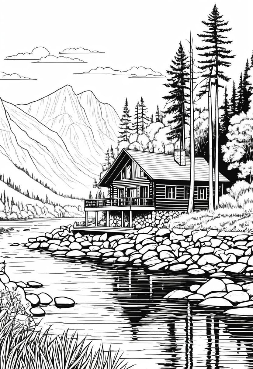 Cabin in the Mountains — free printable coloring page to download and print
