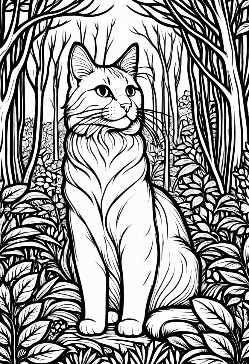 Cat in the Woods — free printable coloring page to download and print