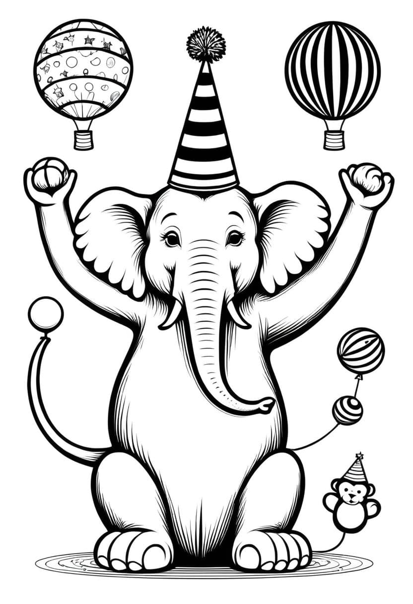 Celebrating Elephant — free printable coloring page to download and print