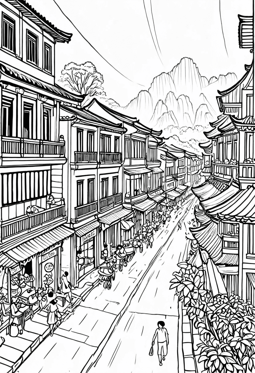 Charming Oriental Alley — free printable coloring page to download and print