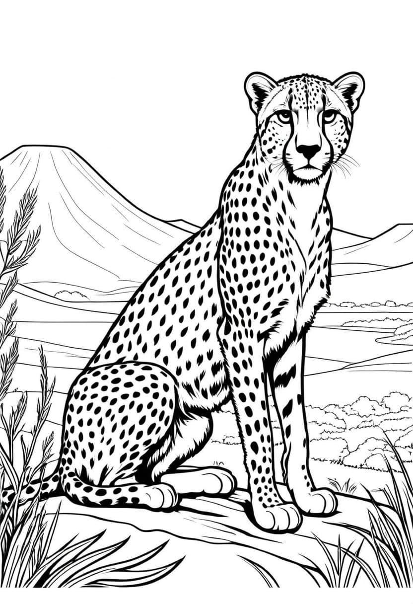 Cheetah in Wild — free printable coloring page to download and print