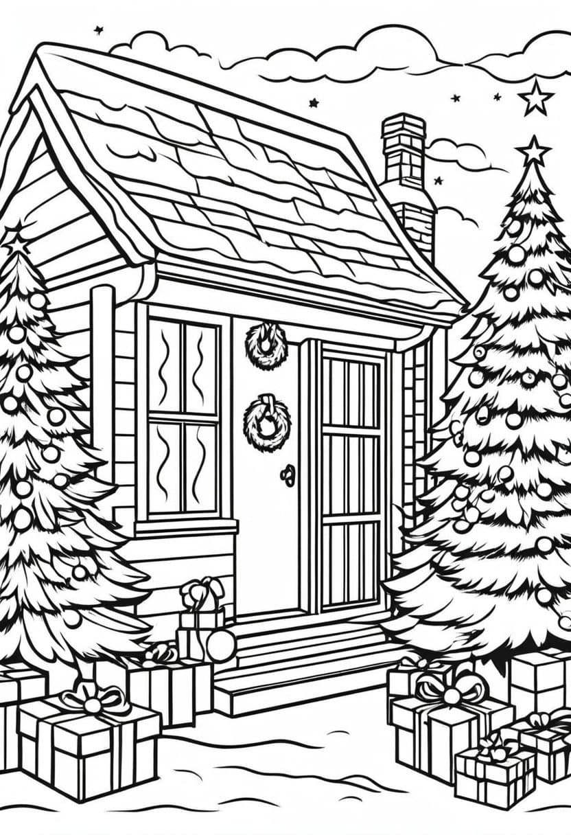 Christmas Cabin — free printable coloring page to download and print