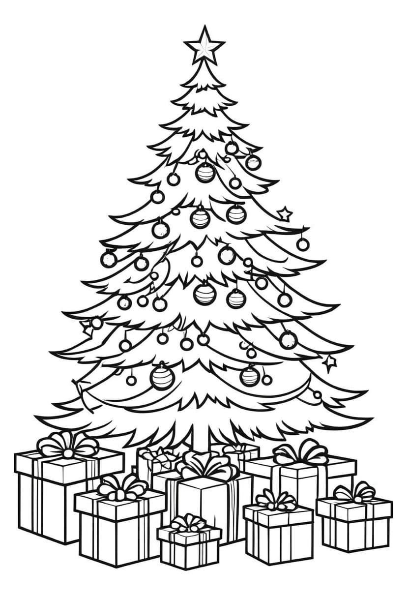 Christmas Tree Gift — free printable coloring page to download and print