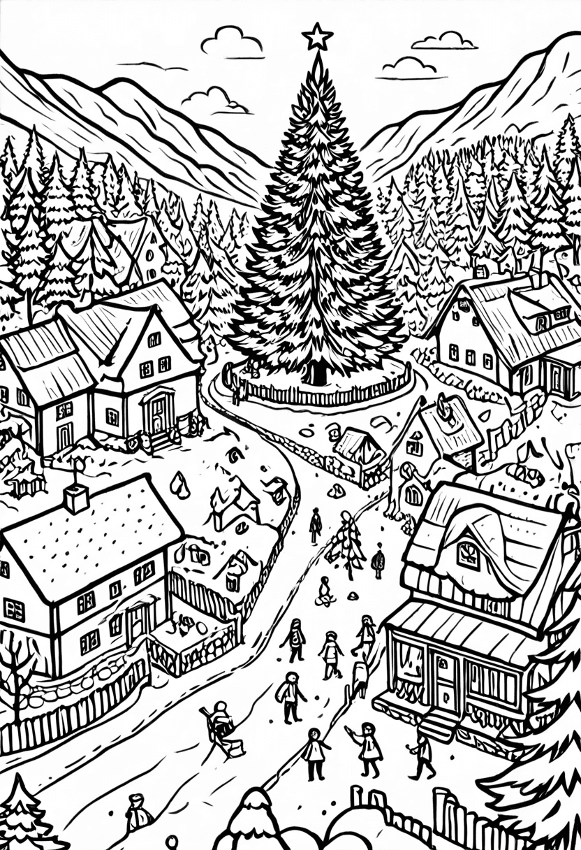 Christmas in a Village — free printable coloring page to download and print