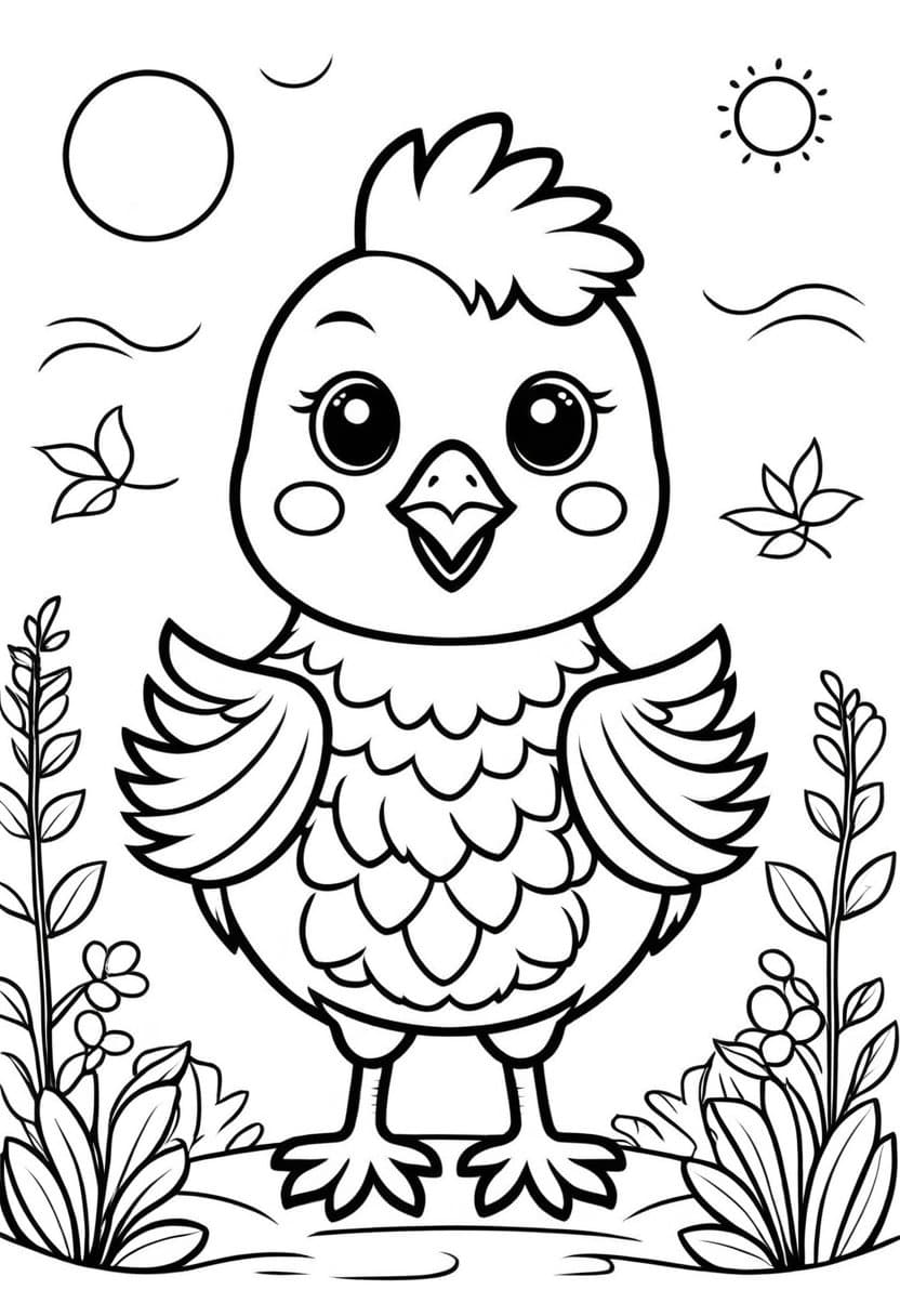Chubby Chick in Meadow — free printable coloring page to download and print