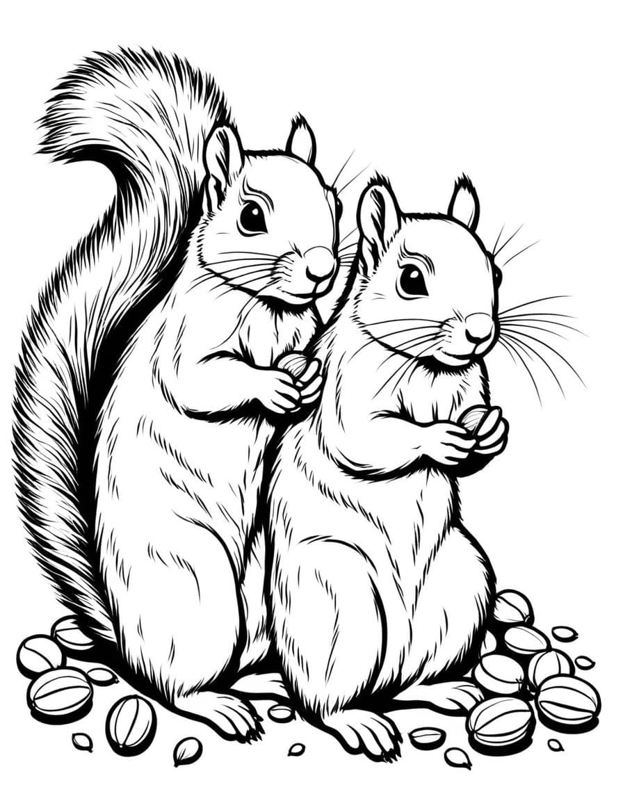 Chubby Squirrels Harvest Nuts — free printable coloring page to download and print