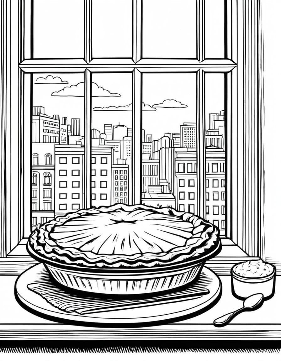 Cityscape Pie Delivery — free printable coloring page to download and print