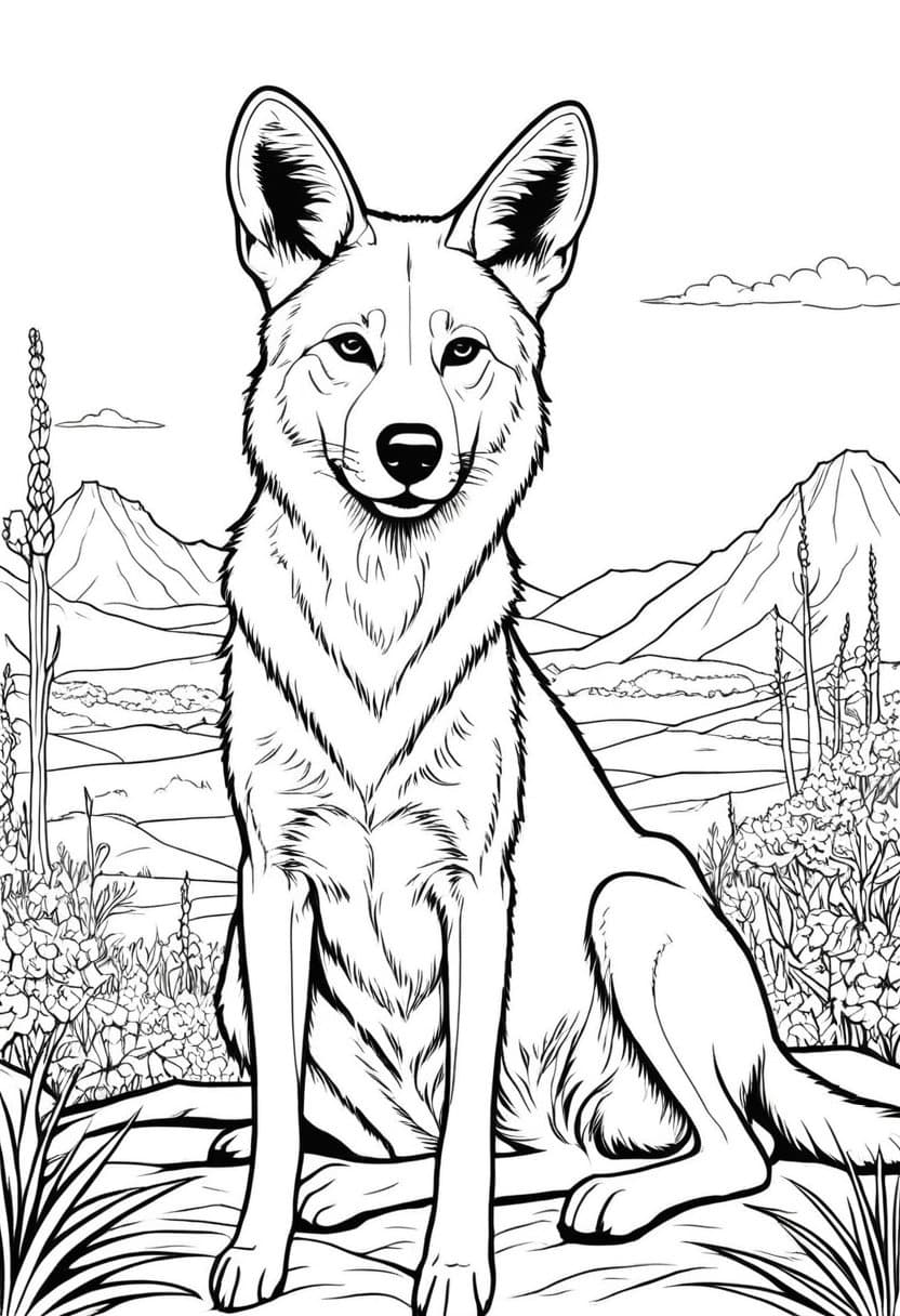 Coyote in Desert — free printable coloring page to download and print
